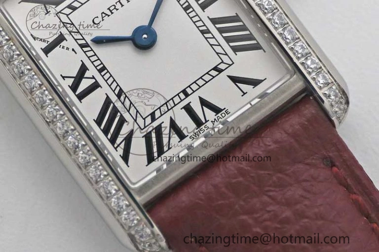Tank Must Small SS K11F 1:1 Best Edition White Dial Diamonds Bezel on Red Leather Strap Ronda Quartz