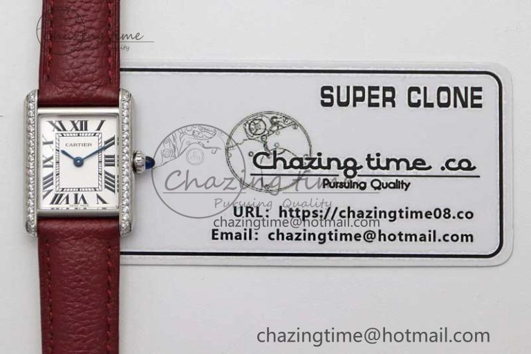 Tank Must Small SS K11F 1:1 Best Edition White Dial Diamonds Bezel on Red Leather Strap Ronda Quartz