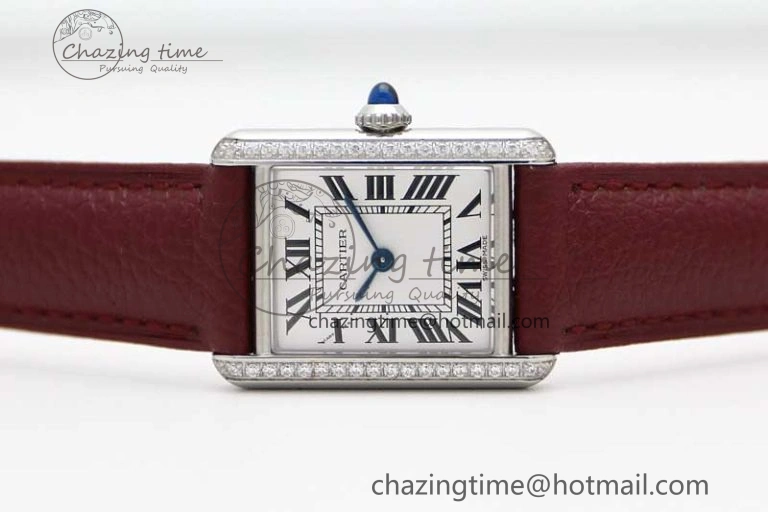 Tank Must Small SS K11F 1:1 Best Edition White Dial Diamonds Bezel on Red Leather Strap Ronda Quartz