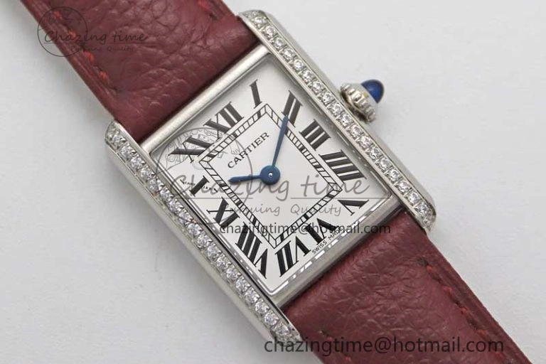 Tank Must Small SS K11F 1:1 Best Edition White Dial Diamonds Bezel on Red Leather Strap Ronda Quartz