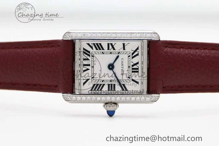 Tank Must Small SS K11F 1:1 Best Edition White Dial Diamonds Bezel on Red Leather Strap Ronda Quartz