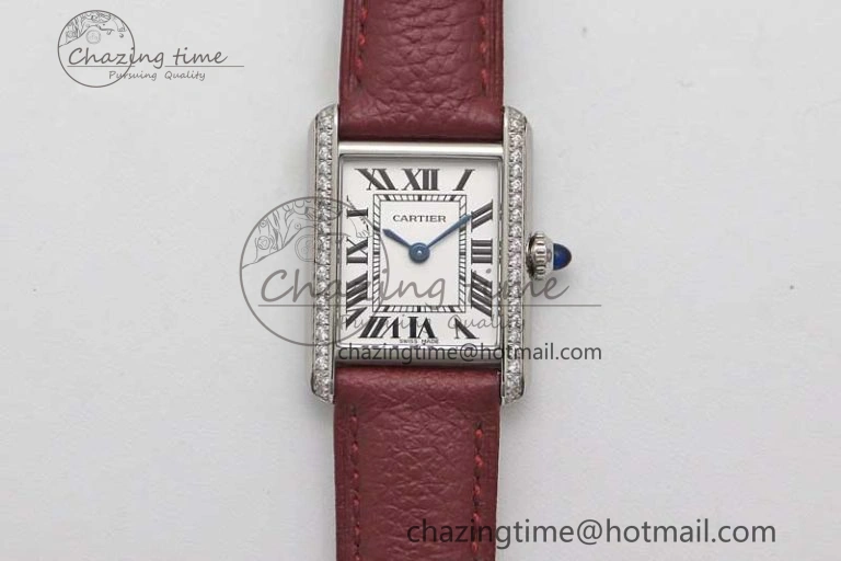 Tank Must Small SS K11F 1:1 Best Edition White Dial Diamonds Bezel on Red Leather Strap Ronda Quartz
