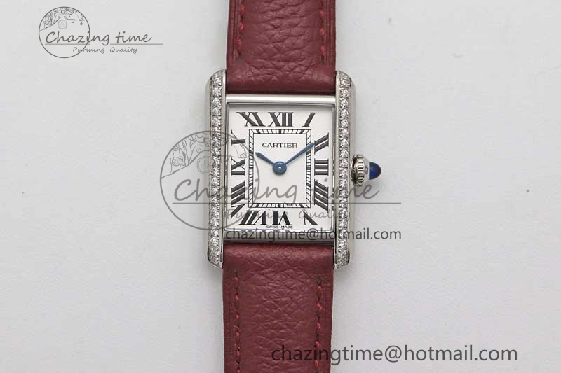 Tank Must Small SS K11F 1:1 Best Edition White Dial Diamonds Bezel on Red Leather Strap Ronda Quartz