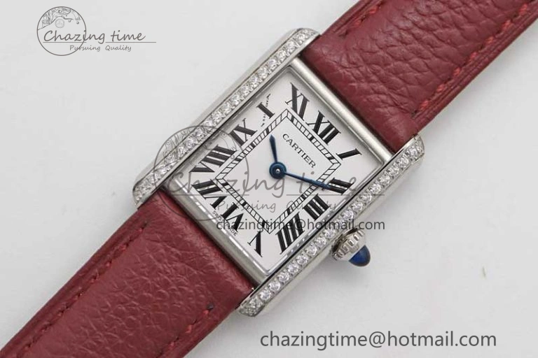 Tank Must Small SS K11F 1:1 Best Edition White Dial Diamonds Bezel on Red Leather Strap Ronda Quartz