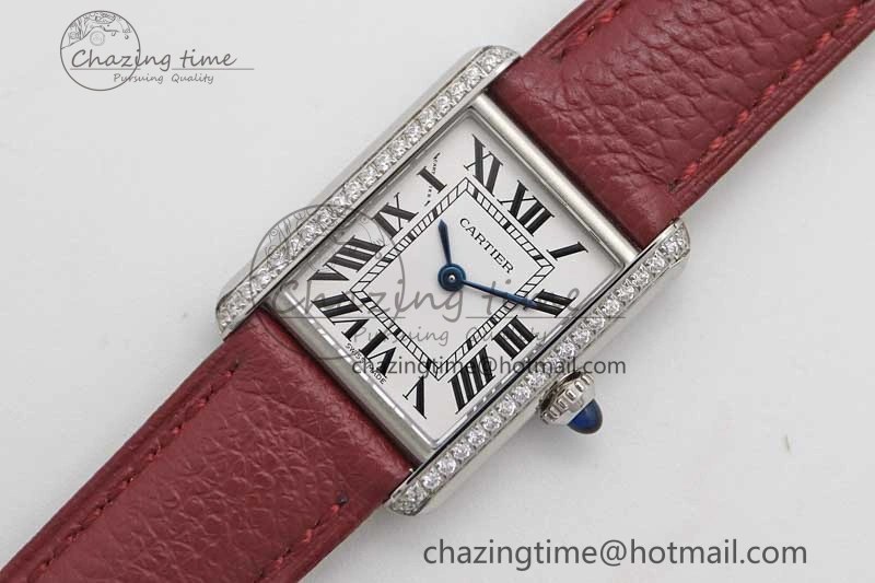 Tank Must Small SS K11F 1:1 Best Edition White Dial Diamonds Bezel on Red Leather Strap Ronda Quartz
