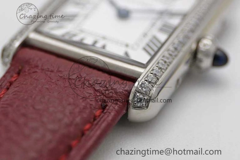 Tank Must Small SS K11F 1:1 Best Edition White Dial Diamonds Bezel on Red Leather Strap Ronda Quartz