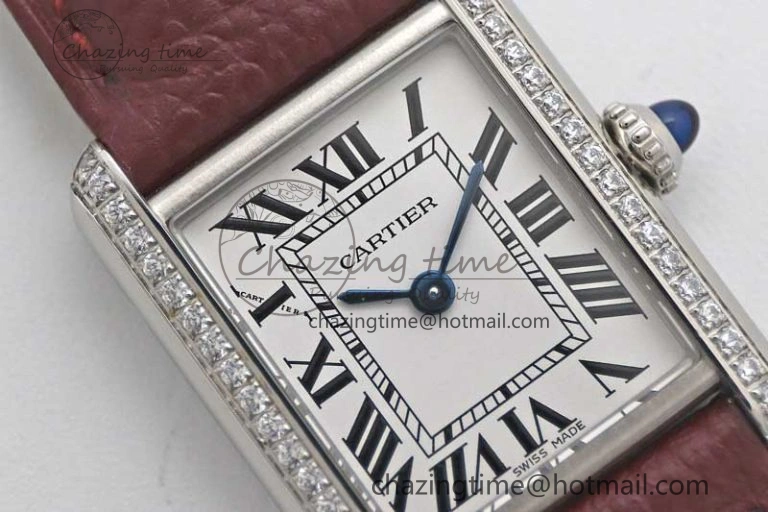 Tank Must Small SS K11F 1:1 Best Edition White Dial Diamonds Bezel on Red Leather Strap Ronda Quartz