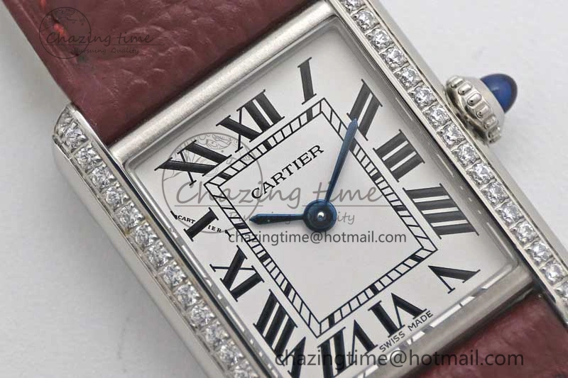 Tank Must Small SS K11F 1:1 Best Edition White Dial Diamonds Bezel on Red Leather Strap Ronda Quartz