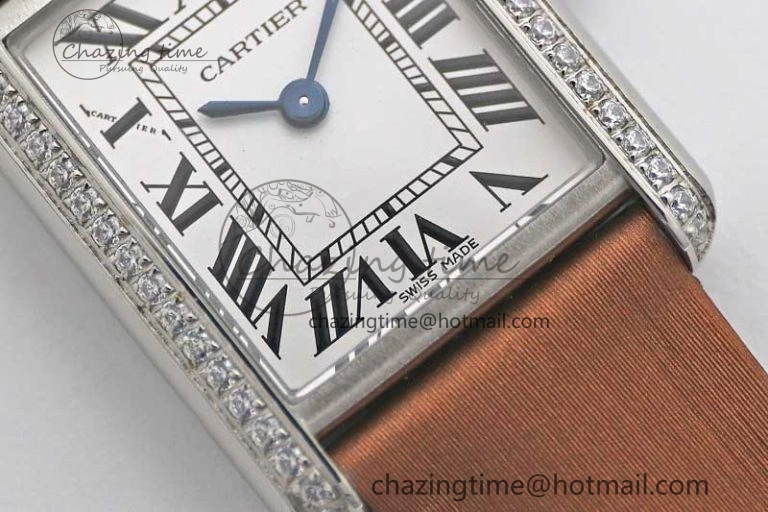 Tank Must Small SS K11F 1:1 Best Edition White Dial Diamonds Bezel on Satin Leather Strap Ronda Quartz