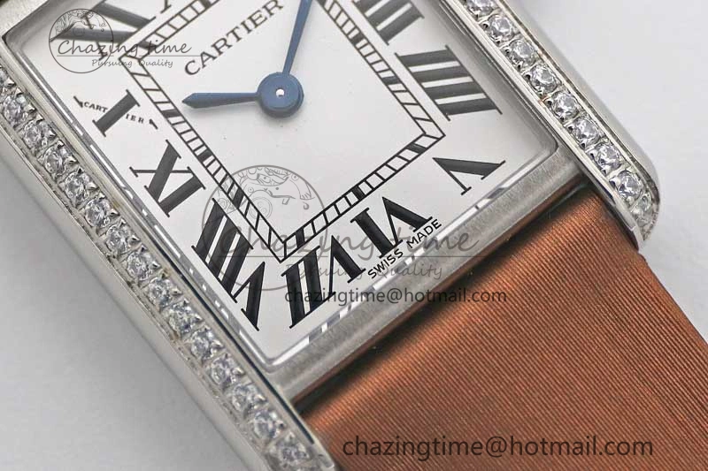 Tank Must Small SS K11F 1:1 Best Edition White Dial Diamonds Bezel on Satin Leather Strap Ronda Quartz
