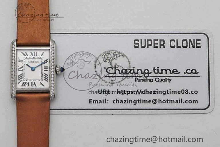 Tank Must Small SS K11F 1:1 Best Edition White Dial Diamonds Bezel on Satin Leather Strap Ronda Quartz