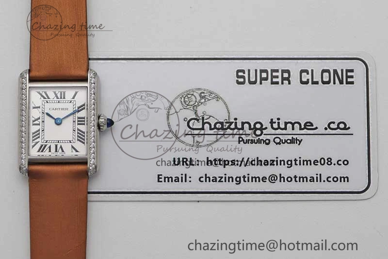 Tank Must Small SS K11F 1:1 Best Edition White Dial Diamonds Bezel on Satin Leather Strap Ronda Quartz