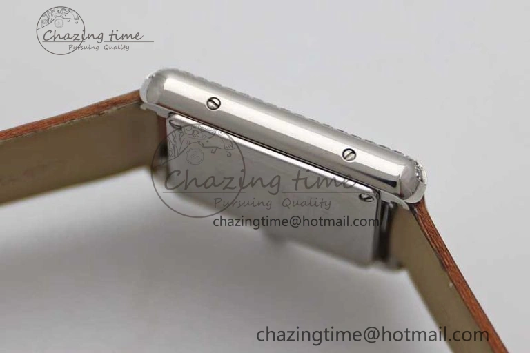 Tank Must Small SS K11F 1:1 Best Edition White Dial Diamonds Bezel on Satin Leather Strap Ronda Quartz