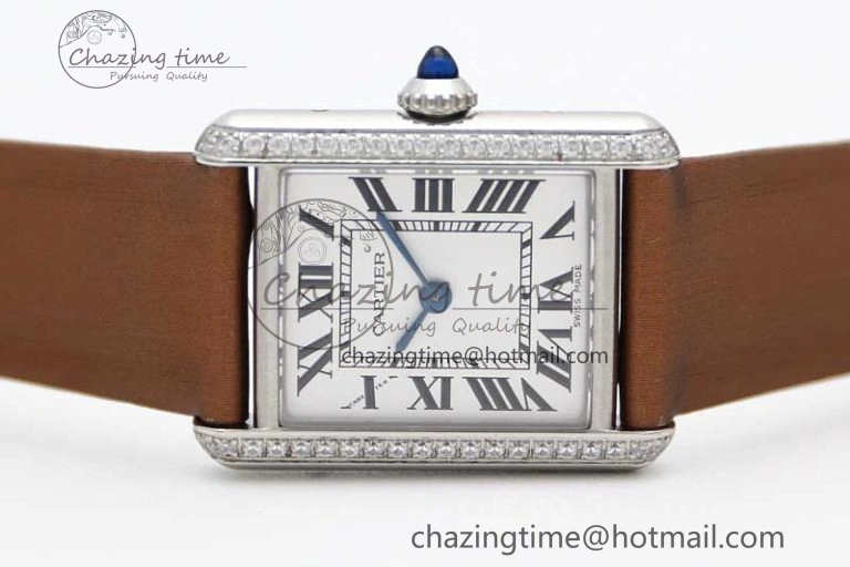 Tank Must Small SS K11F 1:1 Best Edition White Dial Diamonds Bezel on Satin Leather Strap Ronda Quartz