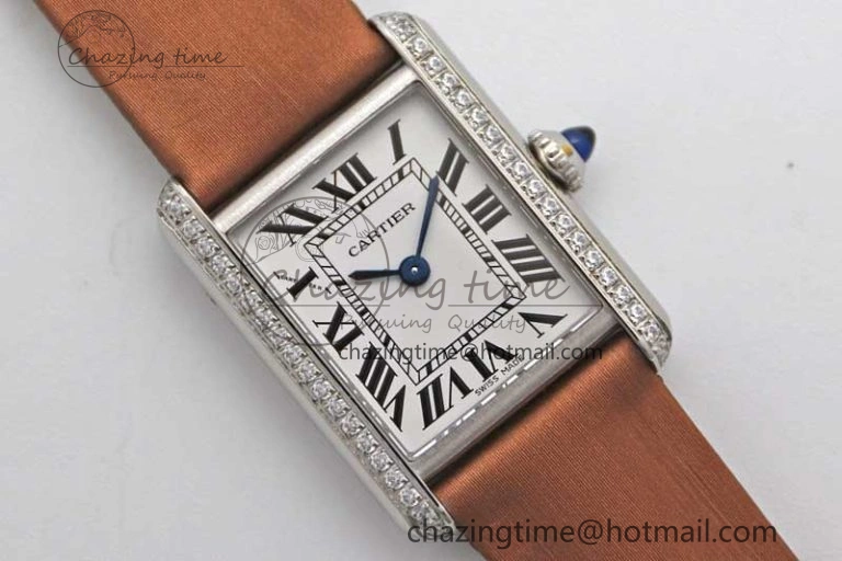 Tank Must Small SS K11F 1:1 Best Edition White Dial Diamonds Bezel on Satin Leather Strap Ronda Quartz