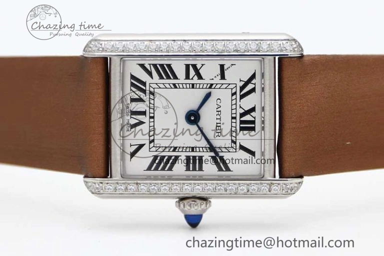 Tank Must Small SS K11F 1:1 Best Edition White Dial Diamonds Bezel on Satin Leather Strap Ronda Quartz