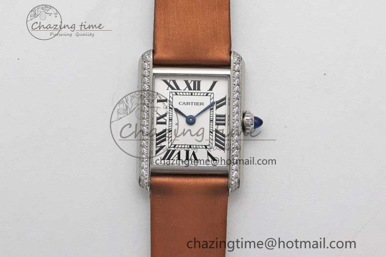 Tank Must Small SS K11F 1:1 Best Edition White Dial Diamonds Bezel on Satin Leather Strap Ronda Quartz