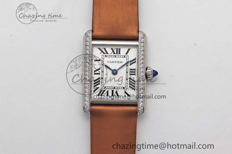 Tank Must Small SS K11F 1:1 Best Edition White Dial Diamonds Bezel on Satin Leather Strap Ronda Quartz