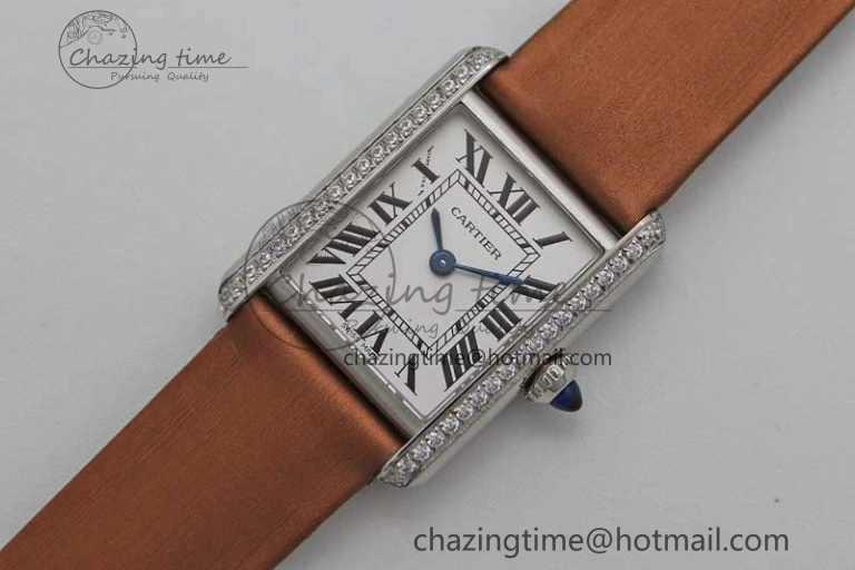 Tank Must Small SS K11F 1:1 Best Edition White Dial Diamonds Bezel on Satin Leather Strap Ronda Quartz