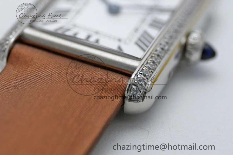 Tank Must Small SS K11F 1:1 Best Edition White Dial Diamonds Bezel on Satin Leather Strap Ronda Quartz