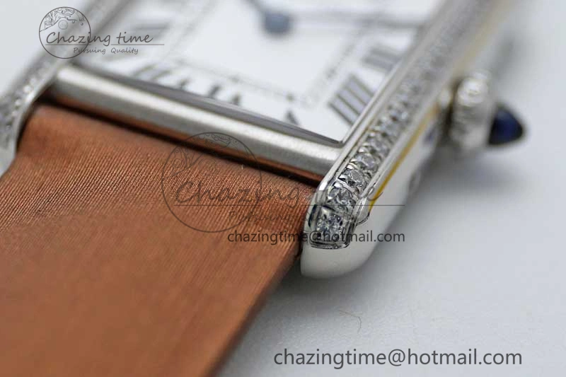 Tank Must Small SS K11F 1:1 Best Edition White Dial Diamonds Bezel on Satin Leather Strap Ronda Quartz