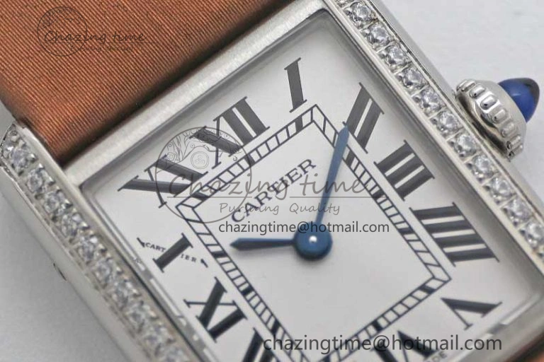 Tank Must Small SS K11F 1:1 Best Edition White Dial Diamonds Bezel on Satin Leather Strap Ronda Quartz