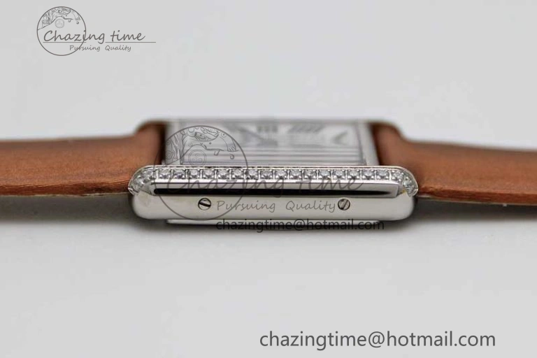 Tank Must Small SS K11F 1:1 Best Edition White Dial Diamonds Bezel on Satin Leather Strap Ronda Quartz