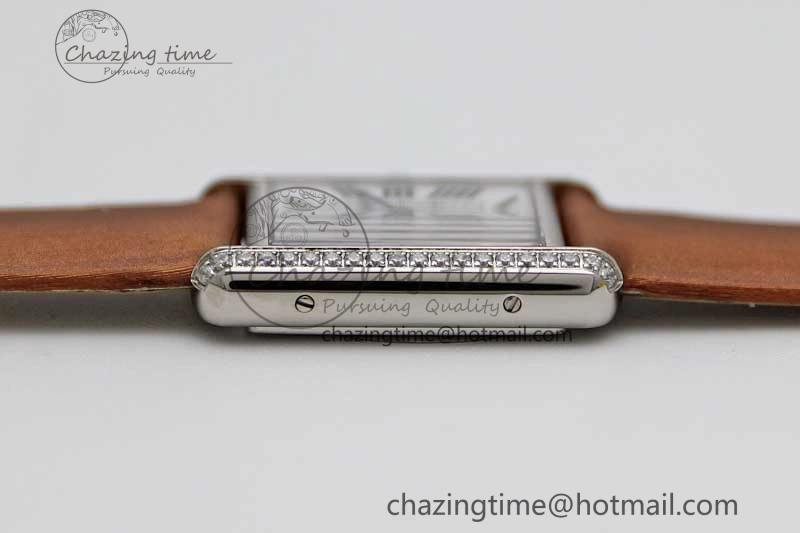 Tank Must Small SS K11F 1:1 Best Edition White Dial Diamonds Bezel on Satin Leather Strap Ronda Quartz