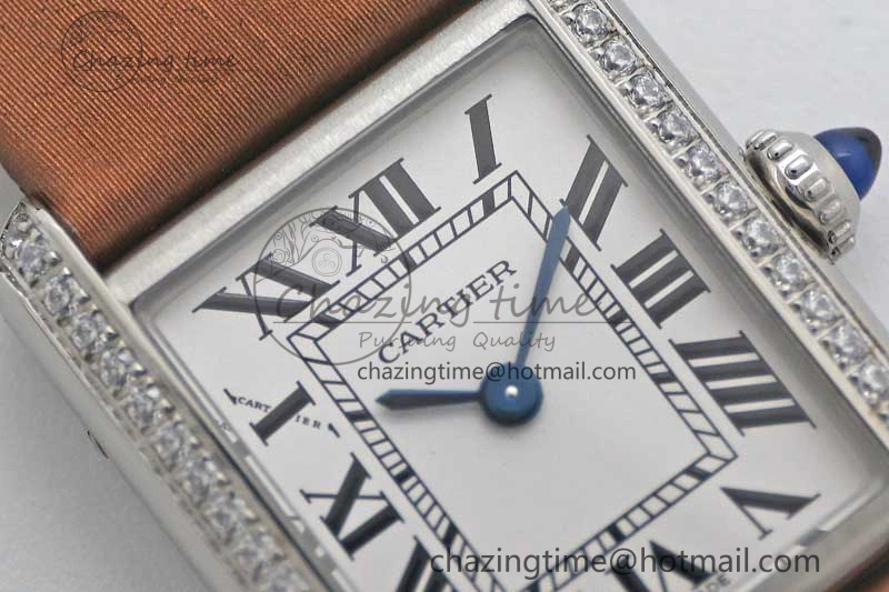 Tank Must Small SS K11F 1:1 Best Edition White Dial Diamonds Bezel on Satin Leather Strap Ronda Quartz