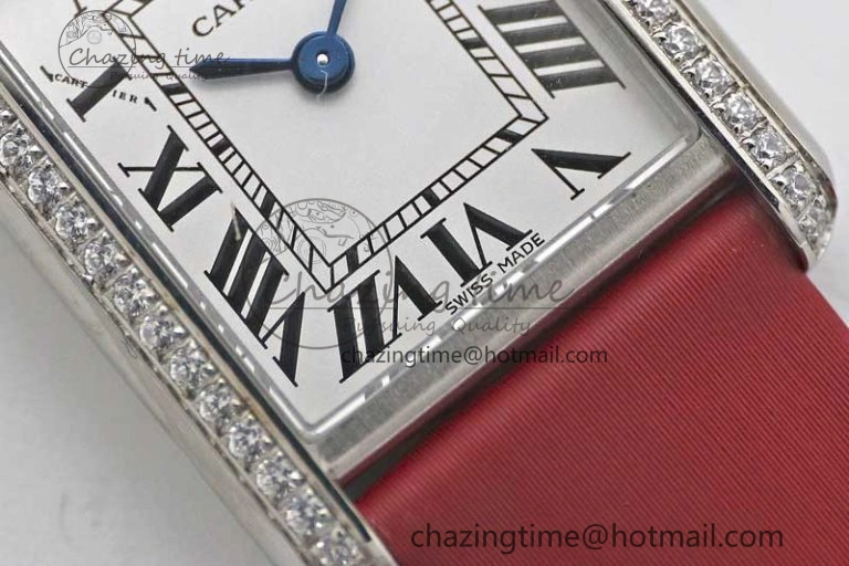 Tank Must Small SS K11F 1:1 Best Edition White Dial Diamonds Bezel on Satin Leather Strap Ronda Quartz