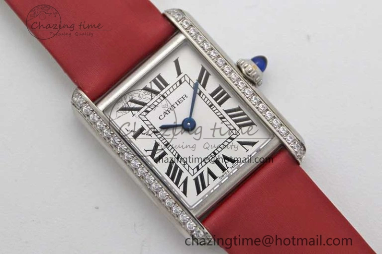 Tank Must Small SS K11F 1:1 Best Edition White Dial Diamonds Bezel on Satin Leather Strap Ronda Quartz