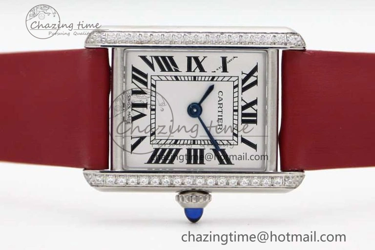 Tank Must Small SS K11F 1:1 Best Edition White Dial Diamonds Bezel on Satin Leather Strap Ronda Quartz