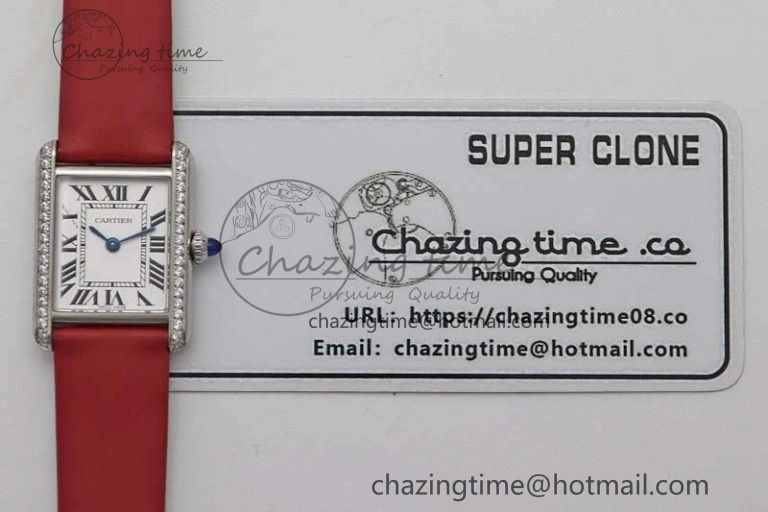 Tank Must Small SS K11F 1:1 Best Edition White Dial Diamonds Bezel on Satin Leather Strap Ronda Quartz