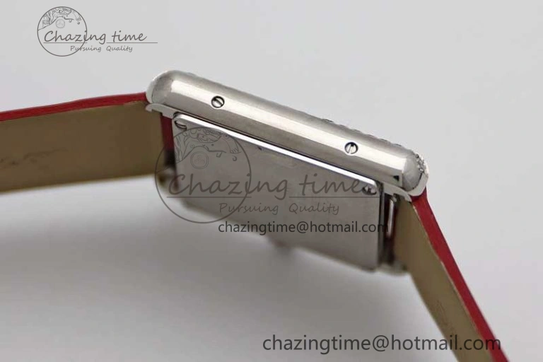 Tank Must Small SS K11F 1:1 Best Edition White Dial Diamonds Bezel on Satin Leather Strap Ronda Quartz