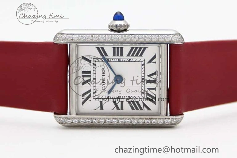 Tank Must Small SS K11F 1:1 Best Edition White Dial Diamonds Bezel on Satin Leather Strap Ronda Quartz