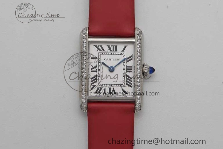 Tank Must Small SS K11F 1:1 Best Edition White Dial Diamonds Bezel on Satin Leather Strap Ronda Quartz