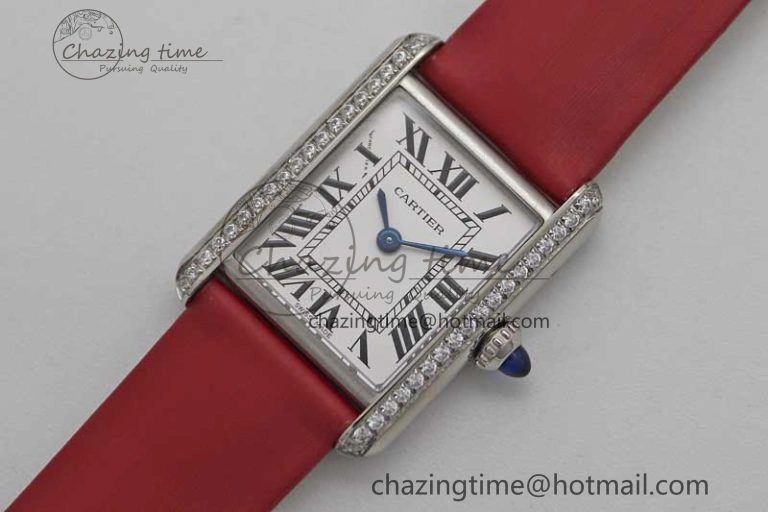 Tank Must Small SS K11F 1:1 Best Edition White Dial Diamonds Bezel on Satin Leather Strap Ronda Quartz