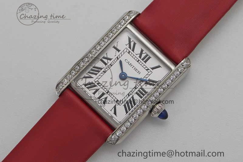 Tank Must Small SS K11F 1:1 Best Edition White Dial Diamonds Bezel on Satin Leather Strap Ronda Quartz