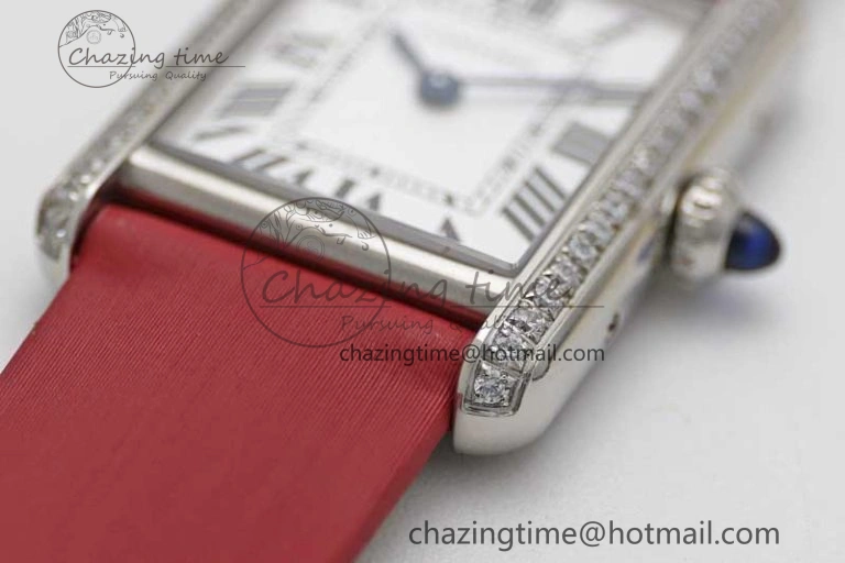 Tank Must Small SS K11F 1:1 Best Edition White Dial Diamonds Bezel on Satin Leather Strap Ronda Quartz