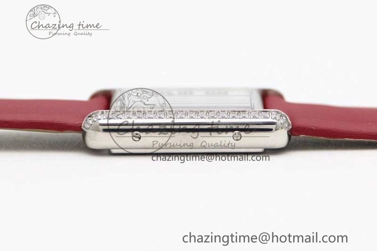 Tank Must Small SS K11F 1:1 Best Edition White Dial Diamonds Bezel on Satin Leather Strap Ronda Quartz