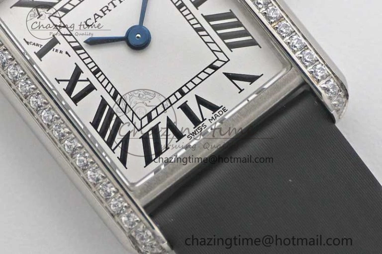 Tank Must Small SS K11F 1:1 Best Edition White Dial Diamonds Bezel on Satin Leather Strap Ronda Quartz