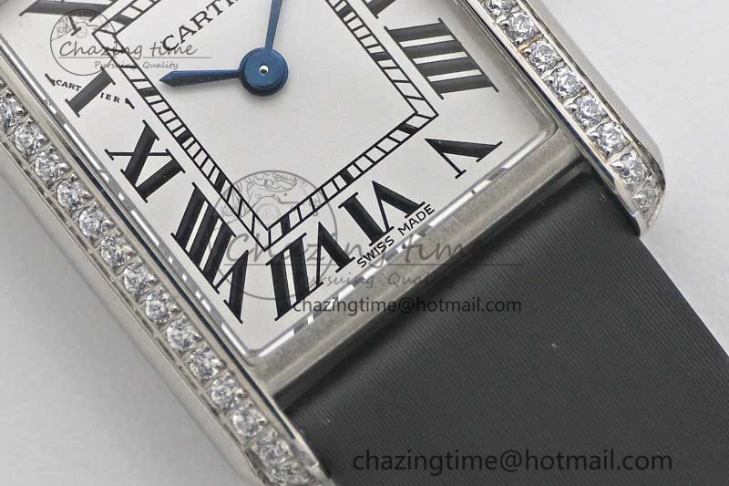 Tank Must Small SS K11F 1:1 Best Edition White Dial Diamonds Bezel on Satin Leather Strap Ronda Quartz