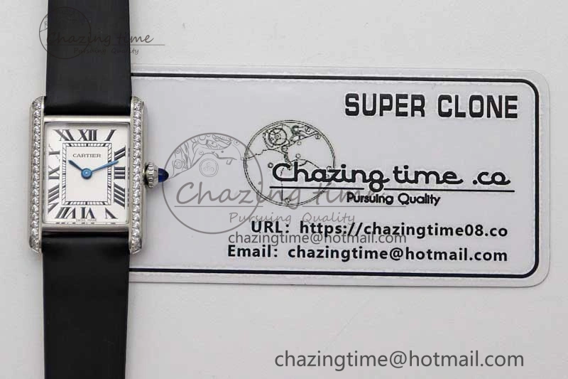 Tank Must Small SS K11F 1:1 Best Edition White Dial Diamonds Bezel on Satin Leather Strap Ronda Quartz