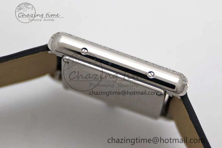Tank Must Small SS K11F 1:1 Best Edition White Dial Diamonds Bezel on Satin Leather Strap Ronda Quartz