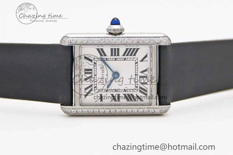 Tank Must Small SS K11F 1:1 Best Edition White Dial Diamonds Bezel on Satin Leather Strap Ronda Quartz