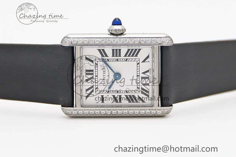 Tank Must Small SS K11F 1:1 Best Edition White Dial Diamonds Bezel on Satin Leather Strap Ronda Quartz