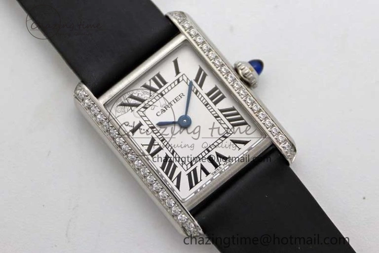 Tank Must Small SS K11F 1:1 Best Edition White Dial Diamonds Bezel on Satin Leather Strap Ronda Quartz