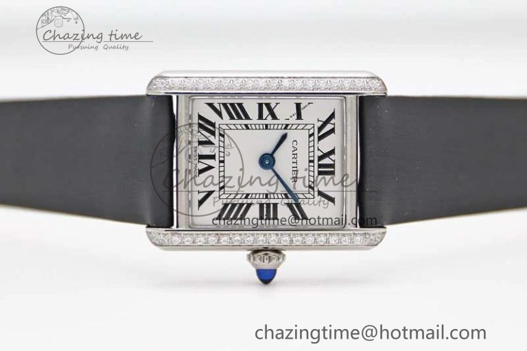 Tank Must Small SS K11F 1:1 Best Edition White Dial Diamonds Bezel on Satin Leather Strap Ronda Quartz