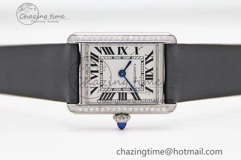 Tank Must Small SS K11F 1:1 Best Edition White Dial Diamonds Bezel on Satin Leather Strap Ronda Quartz