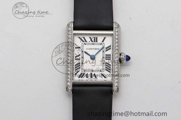 Tank Must Small SS K11F 1:1 Best Edition White Dial Diamonds Bezel on Satin Leather Strap Ronda Quartz